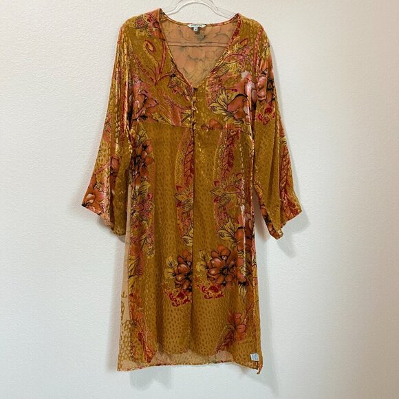 Vintage Tops - Vintage Bohemian Mustard Orange Burnout Velvet Longline Kimono